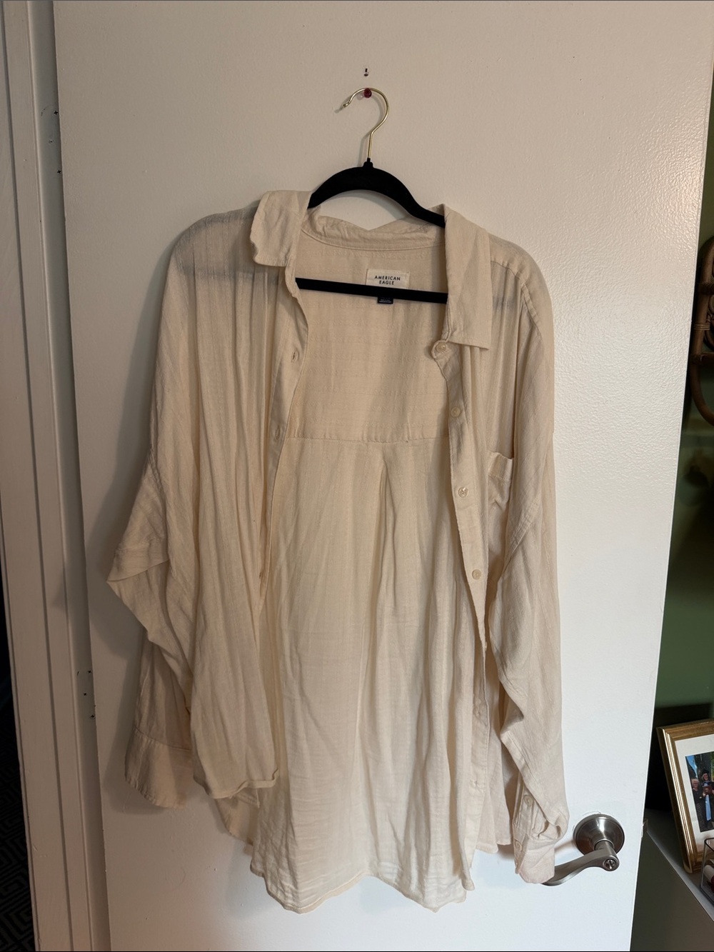 American Eagle Cream Oversized Button-Down Shirt